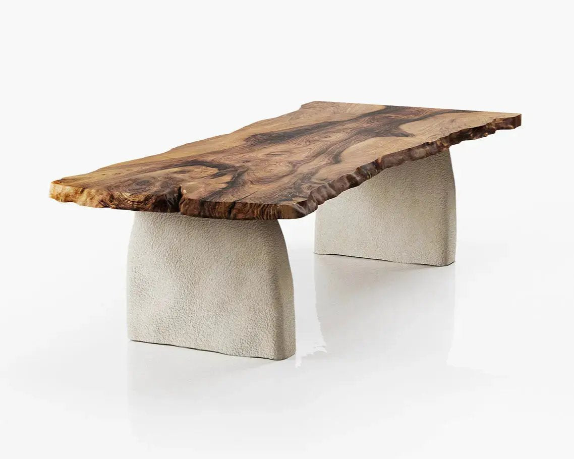 Wabi Sabi Style Luxury Solid Wood Walnut Table with Stone Inspired Legs by Gizz