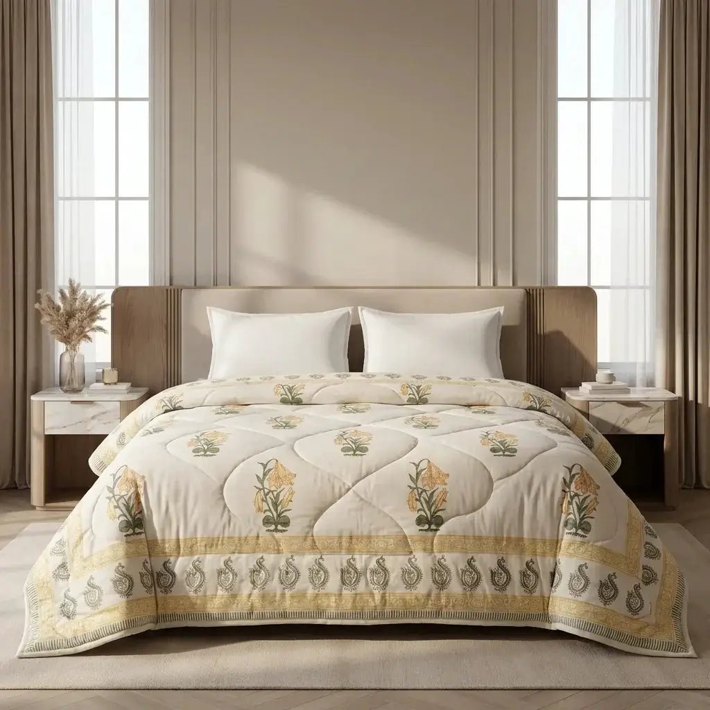 House of Avana Cream & Golden Yellow Floral Jaipur Indian Hand Block Print Quilted Comforter by House Of Avana