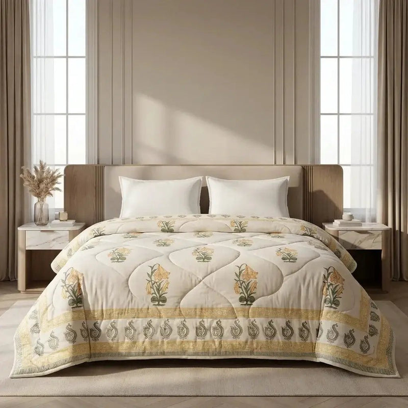 House of Avana Cream & Golden Yellow Floral Jaipur Indian Hand Block Print Quilted Comforter by House Of Avana