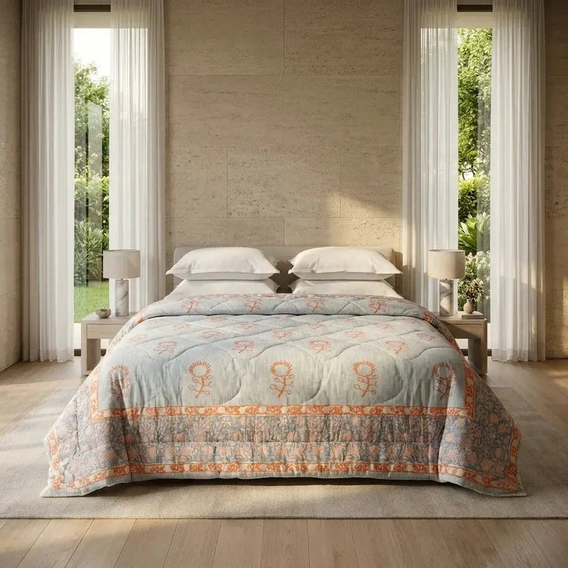 House of Avana Cream & Golden Yellow Olive Floral Jaipur Indian Hand Block Print Quilted Comforter by House Of Avana