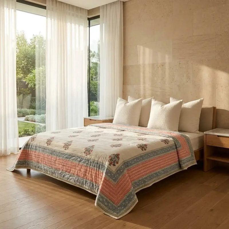 House of Avana Cream & Dusty Blue Mauve Floral Jaipur Indian Hand Block Print Quilted Comforter by House Of Avana