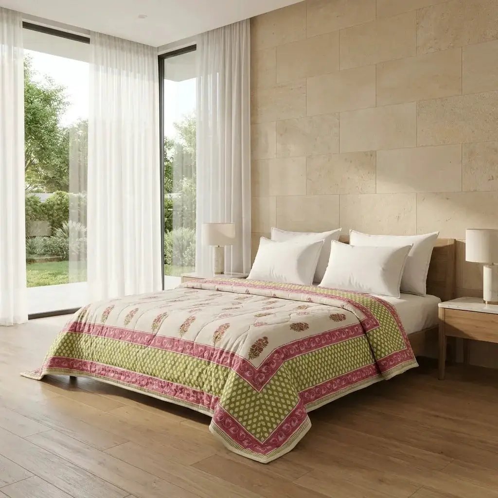 House of Avana Cream & Deep Rose Floral Jaipur Indian Hand Block Print Quilted Comforter by House Of Avana