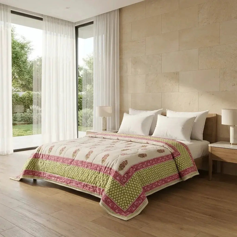 House of Avana Cream & Deep Rose Floral Jaipur Indian Hand Block Print Quilted Comforter by House Of Avana