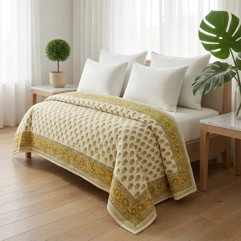 House of Avana Cream & Mustard Yellow Floral Jaipur Indian Hand Block Print Quilted Comforter by House Of Avana