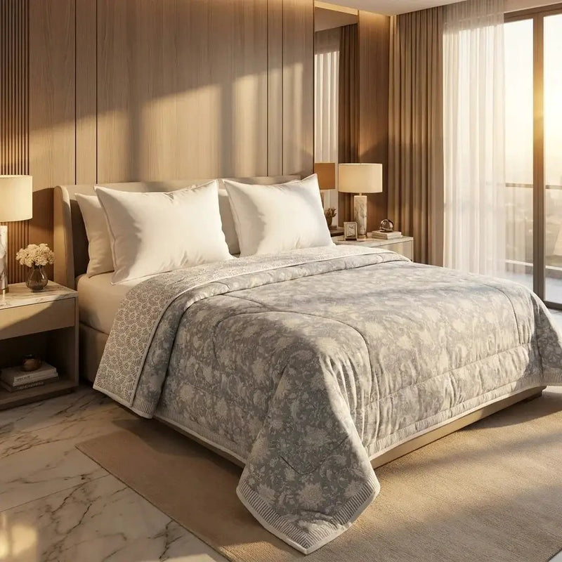 House of Avana Soft Grey & Cream Floral Jaipur Indian Hand Block Print Quilted Comforter by House Of Avana
