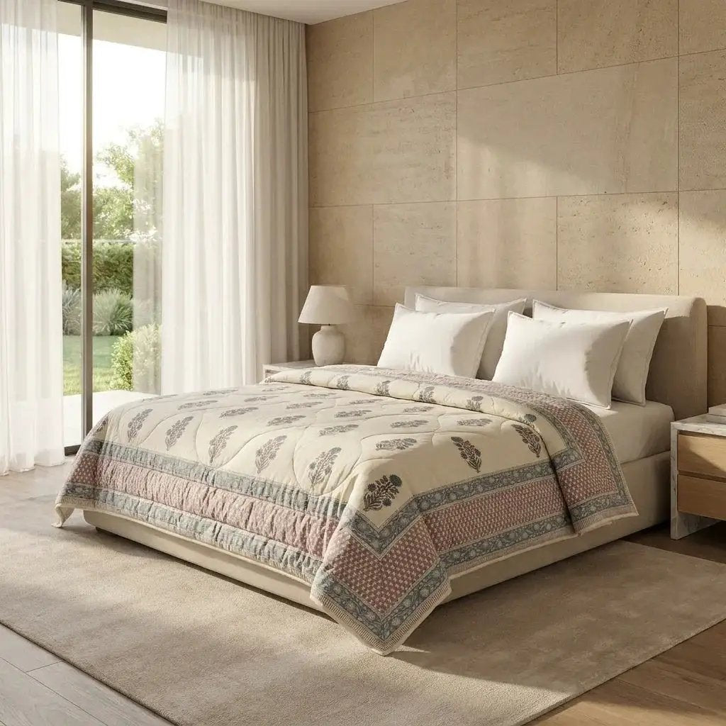 House of Avana Cream & Slate Blue Floral Jaipur Indian Hand Block Print Quilted Comforter by House Of Avana