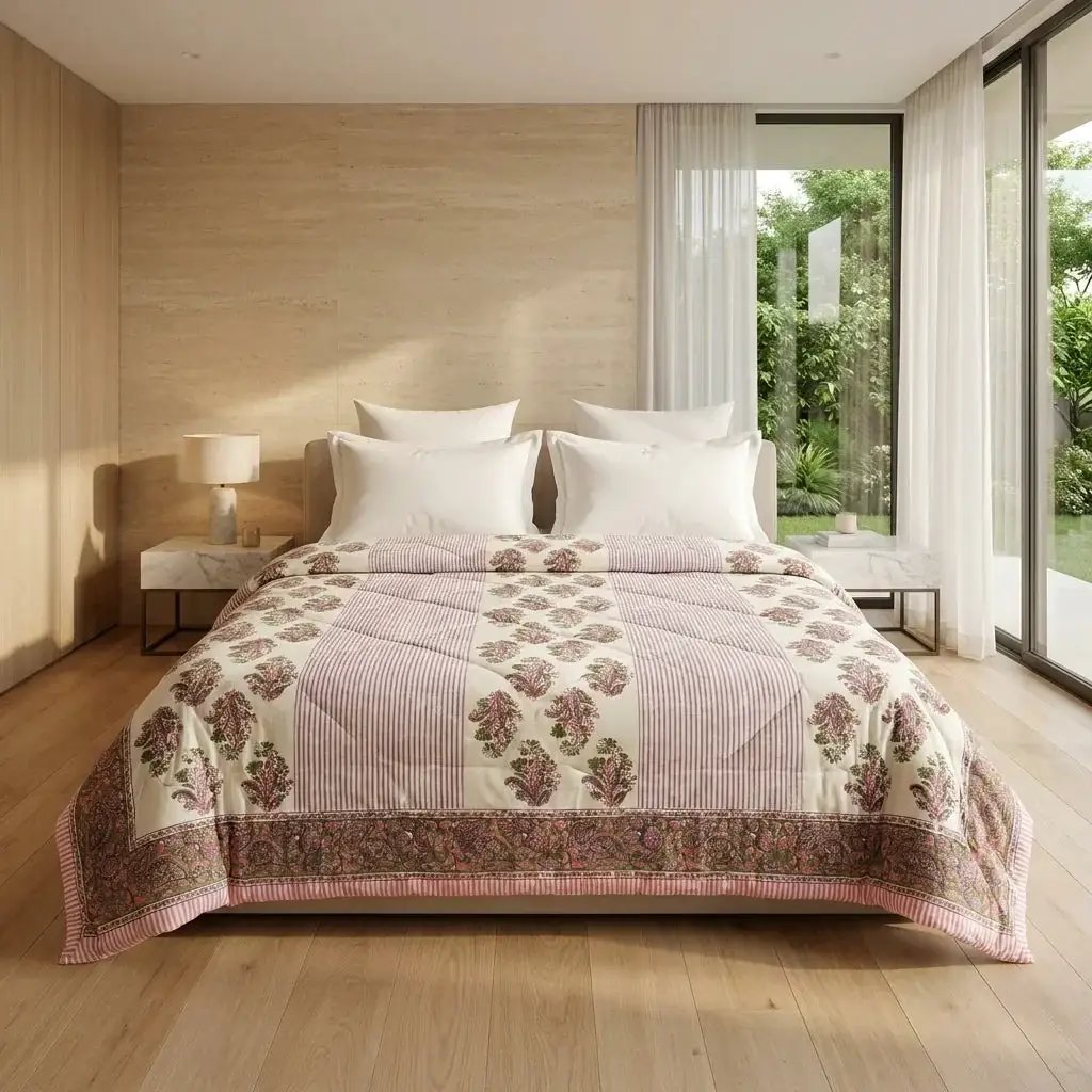 House of Avana Cream & Deep Pink Floral Jaipur Indian Hand Block Print Quilted Comforter by House Of Avana