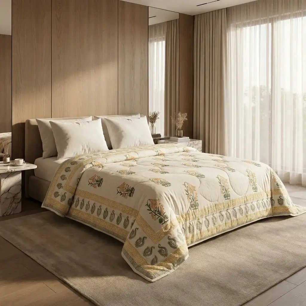 House of Avana Cream & Golden Yellow Floral Jaipur Indian Hand Block Print Quilted Comforter by House Of Avana