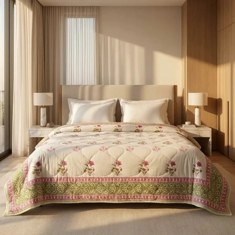 House of Avana Cream & Deep Rose Olive Floral Jaipur Indian Hand Block Print Quilted Comforter by House Of Avana