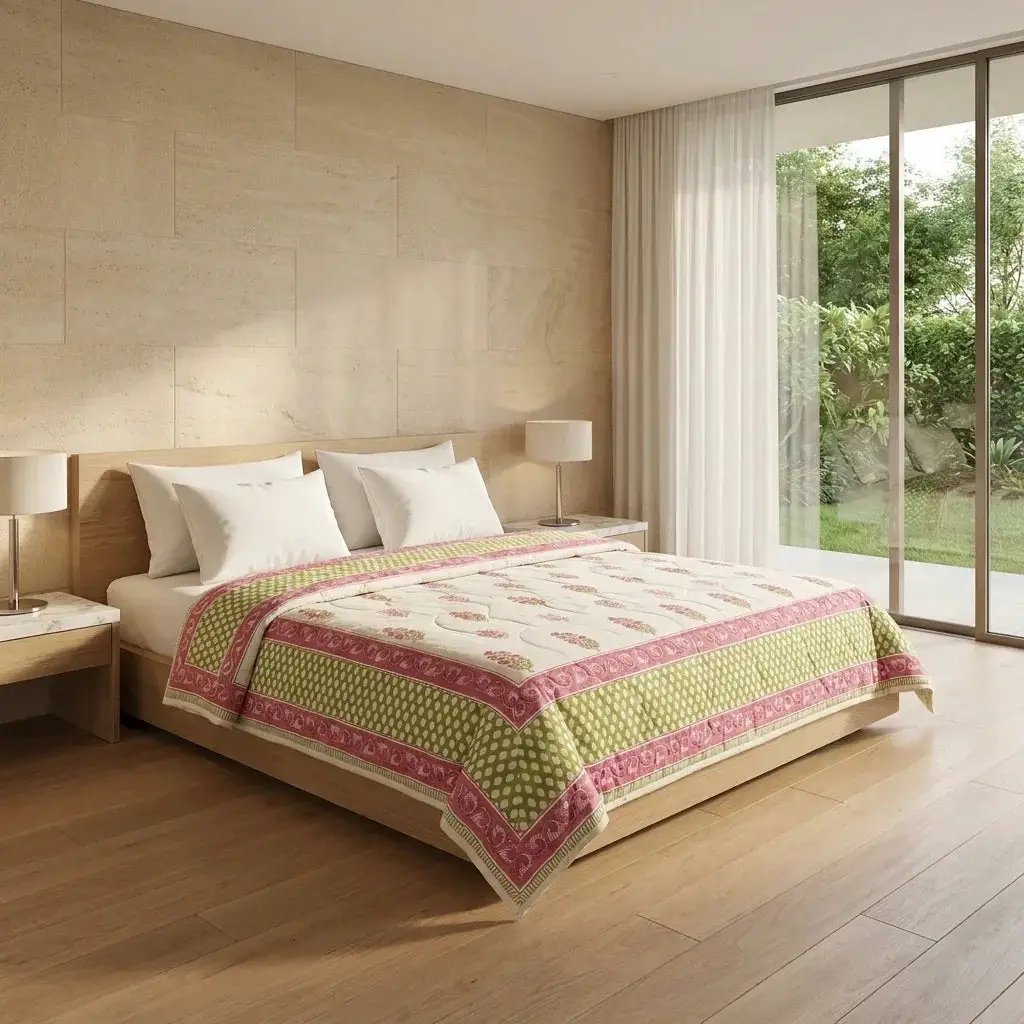 House of Avana Cream & Deep Rose Floral Jaipur Indian Hand Block Print Quilted Comforter by House Of Avana
