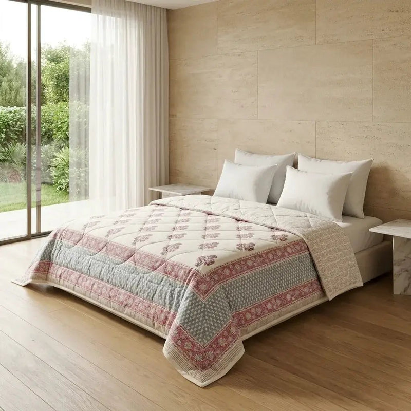 House of Avana Cream & Charcoal Taupe Floral Jaipur Indian Hand Block Print Quilted Comforter by House Of Avana