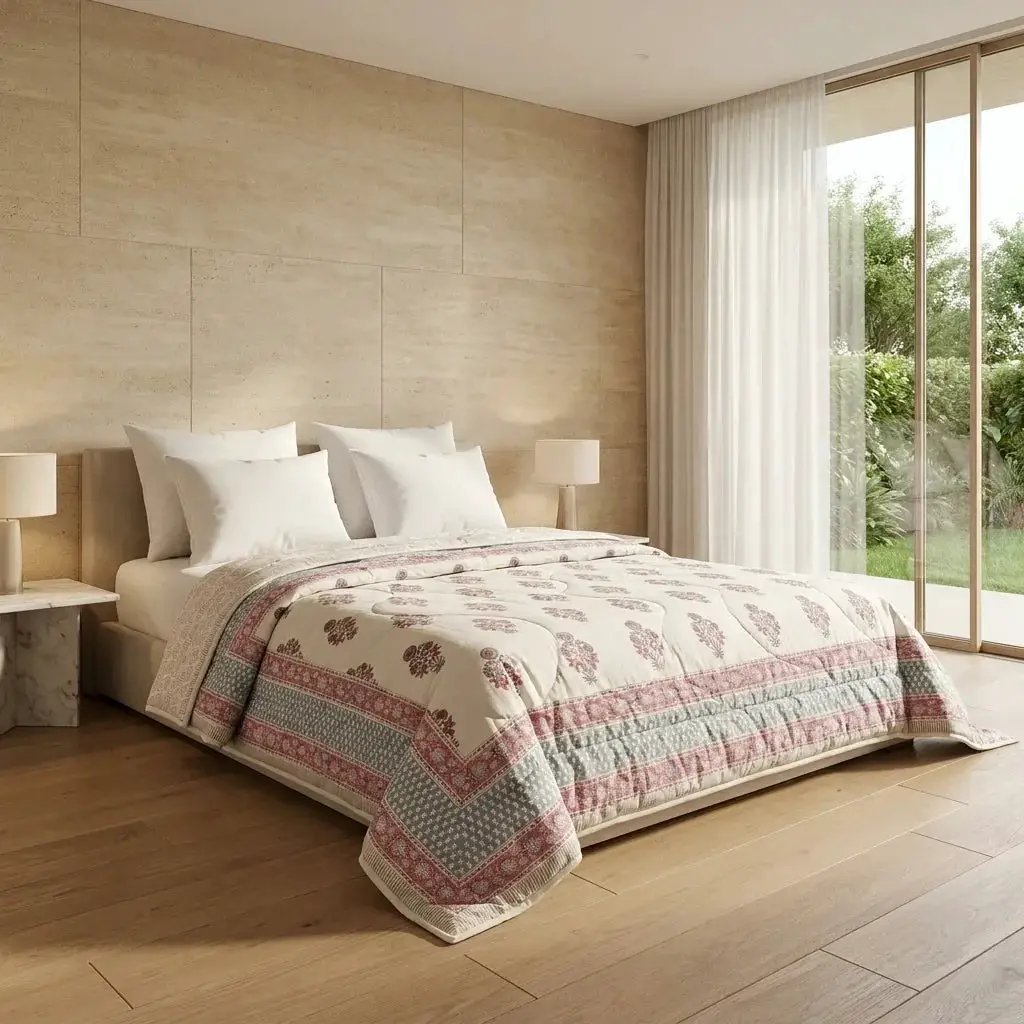 House of Avana Cream & Charcoal Taupe Floral Jaipur Indian Hand Block Print Quilted Comforter by House Of Avana