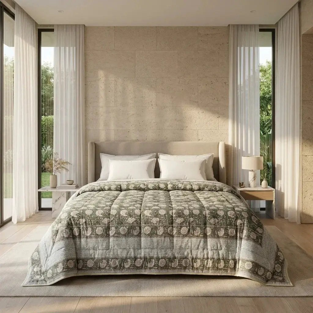 House of Avana Cream & Golden Yellow Rust Floral Jaipur Indian Hand Block Print Quilted Comforter by House Of Avana