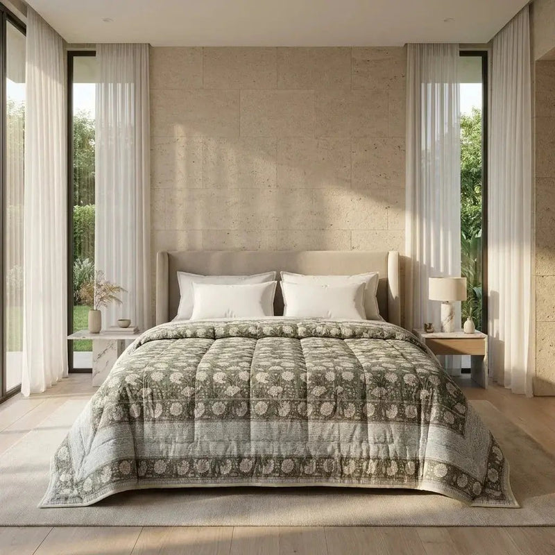 House of Avana Cream & Golden Yellow Rust Floral Jaipur Indian Hand Block Print Quilted Comforter by House Of Avana