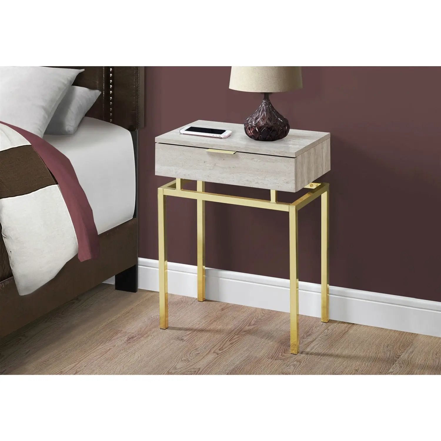24in Modern End Table 1 Drawer Nightstand Beige Marble Gold Legs by HomePacific