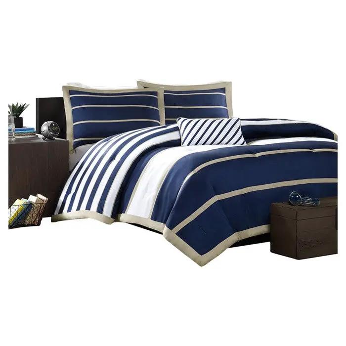 Full / Queen size Comforter Set in Navy Blue White Khaki Stripe by HomePacific