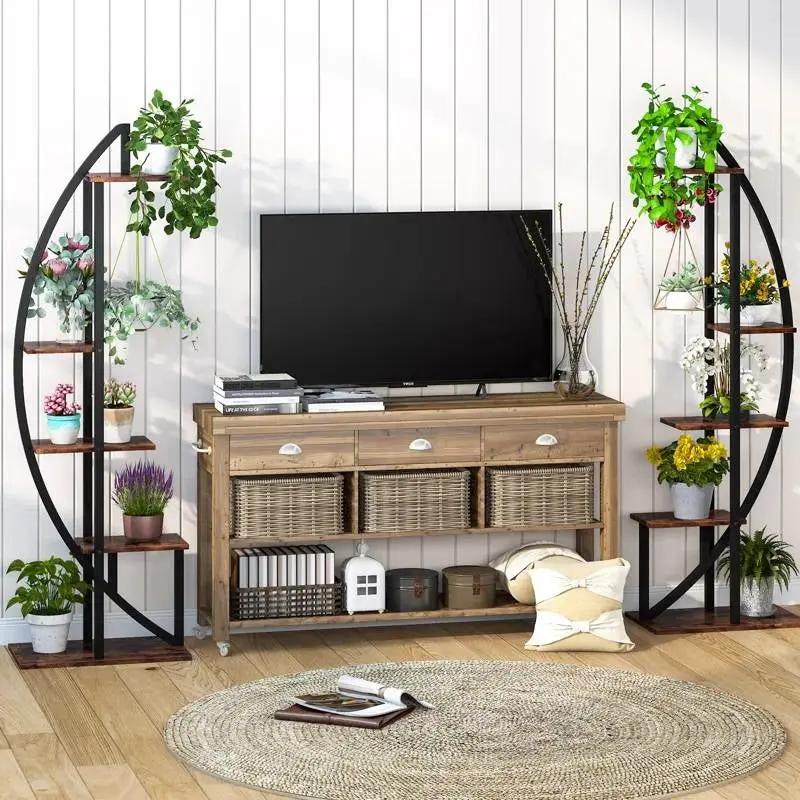 Set of 2 - Symmetrical Modern Metal Wood 10-Shelf Plant Stand by HomePacific