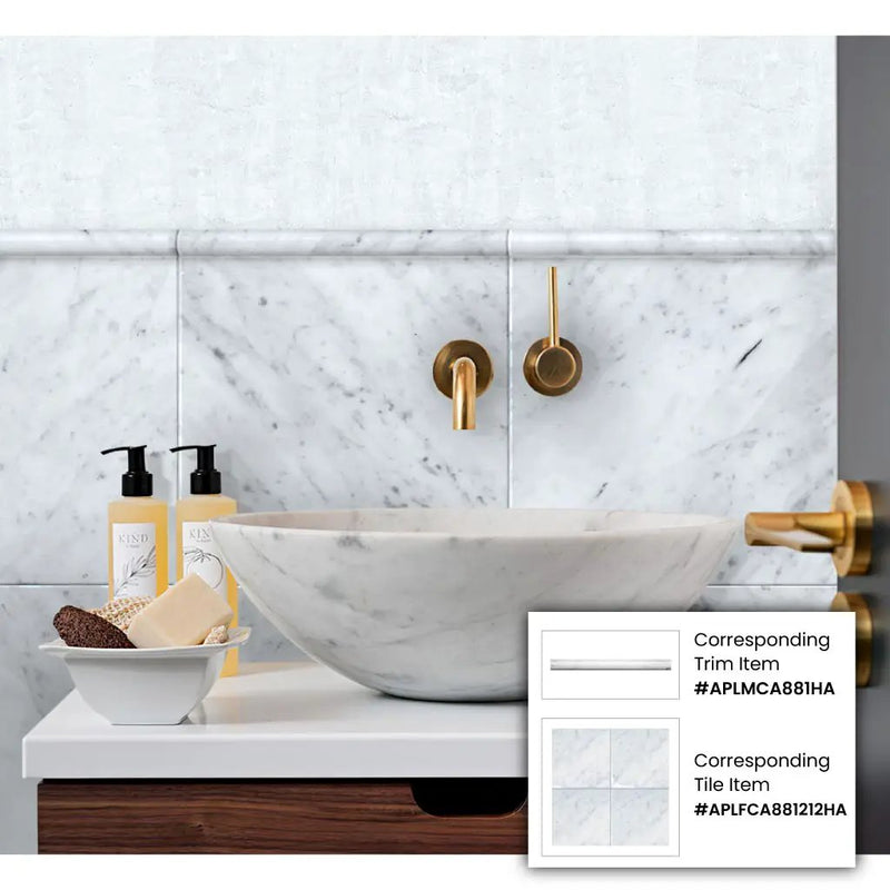 White 0.5x12 Honed Bianco Carrara Pencil Marble Tile Trim (10 pack, 0.5 sq ft/case) by Apollo Tile