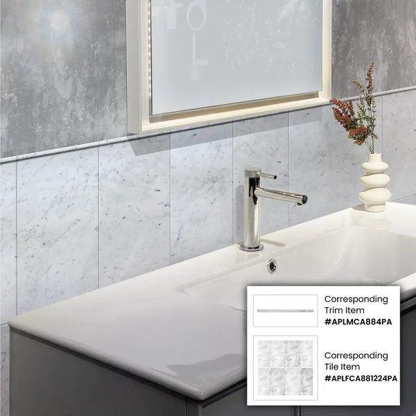 Pearl White 0.8x12 Polished Bianco Carrara Pencil Marble Tile Trim (10 pack, 0.667 sq ft/case), photo 2 of 4