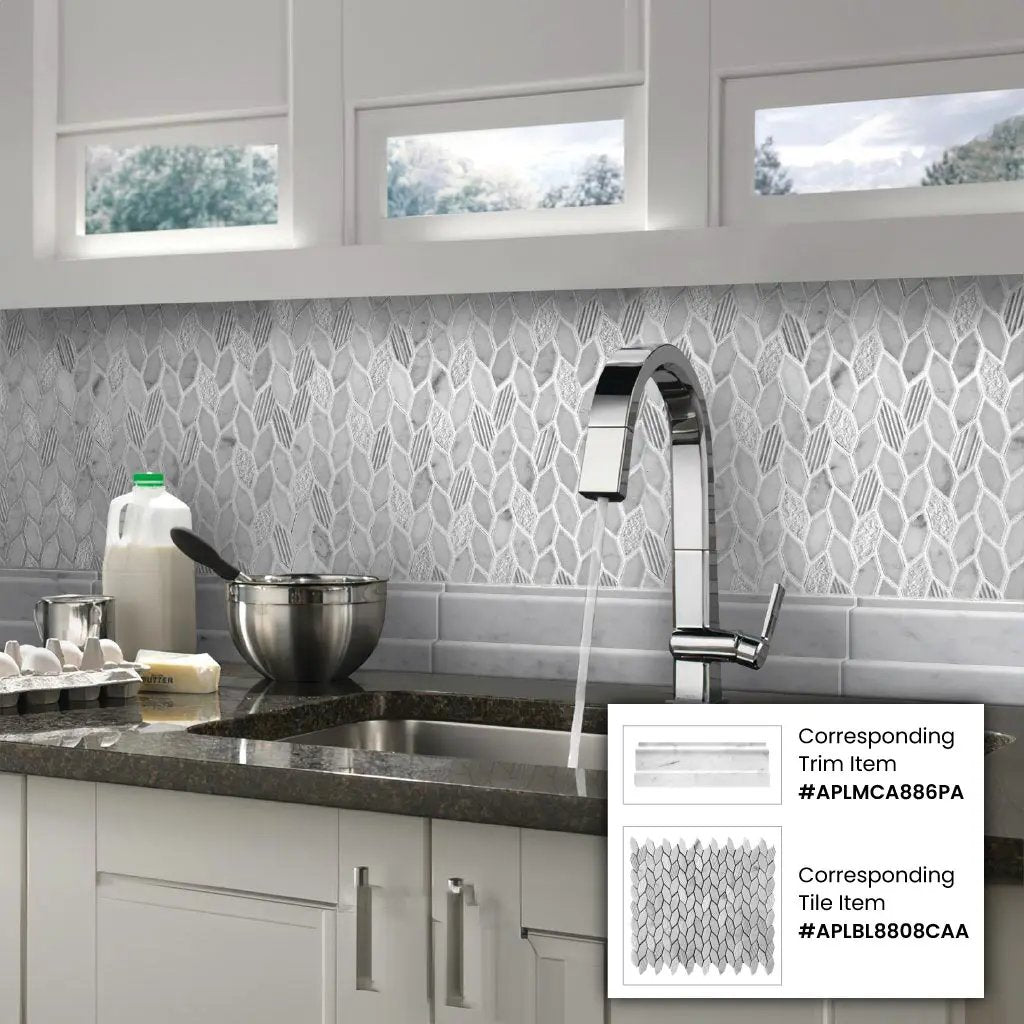 White 4x12 Polished Bianco Carrara Baseboard Marble Tile Trim (10 pack, 3.33 sq ft/case) by Apollo Tile