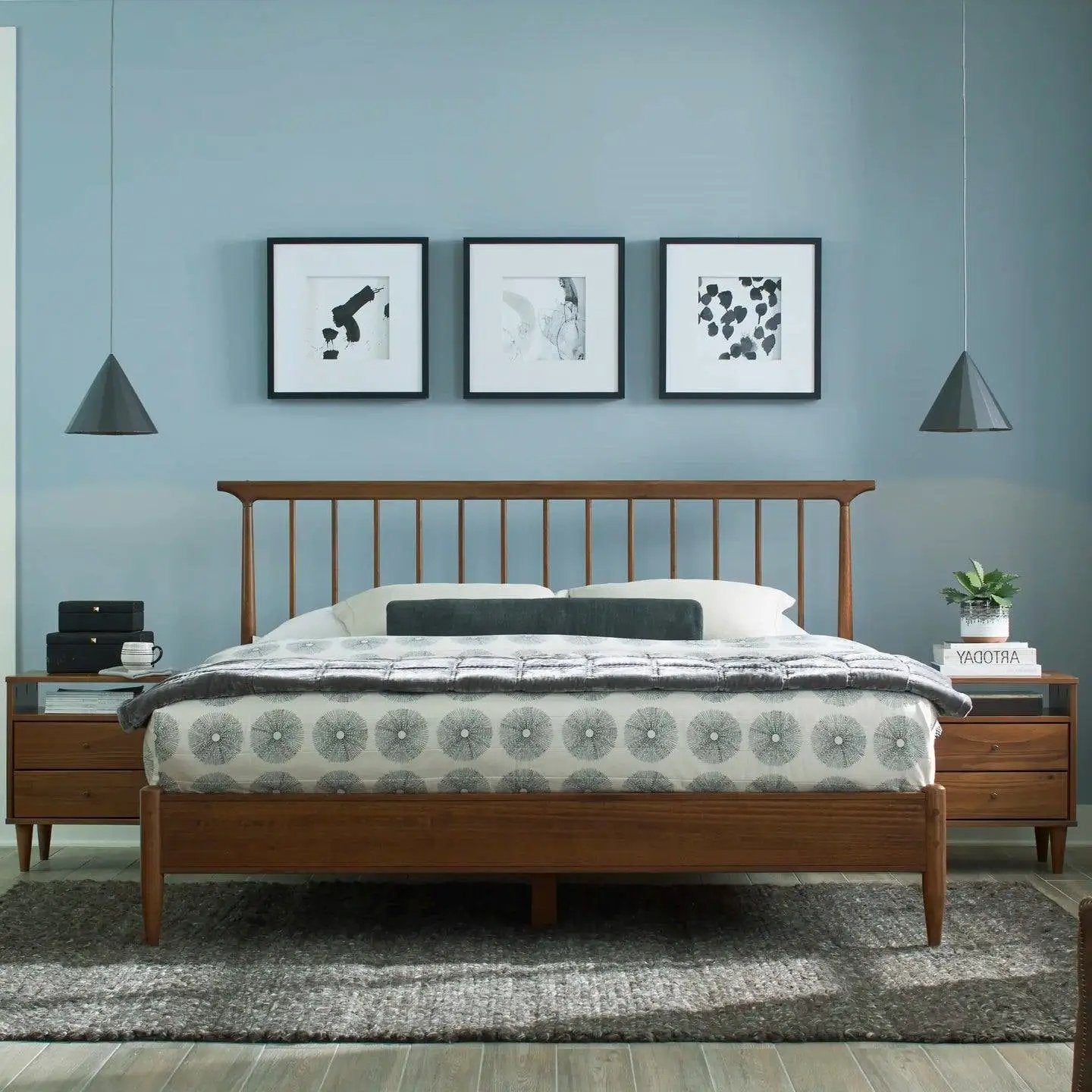 Queen Size Hardwood Mid Century Platform Bed Frame with Headboard in Walnut by HomePacific