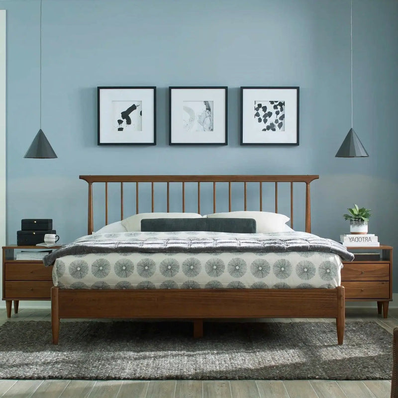 Queen Size Hardwood Mid Century Platform Bed Frame with Headboard in Walnut by HomePacific