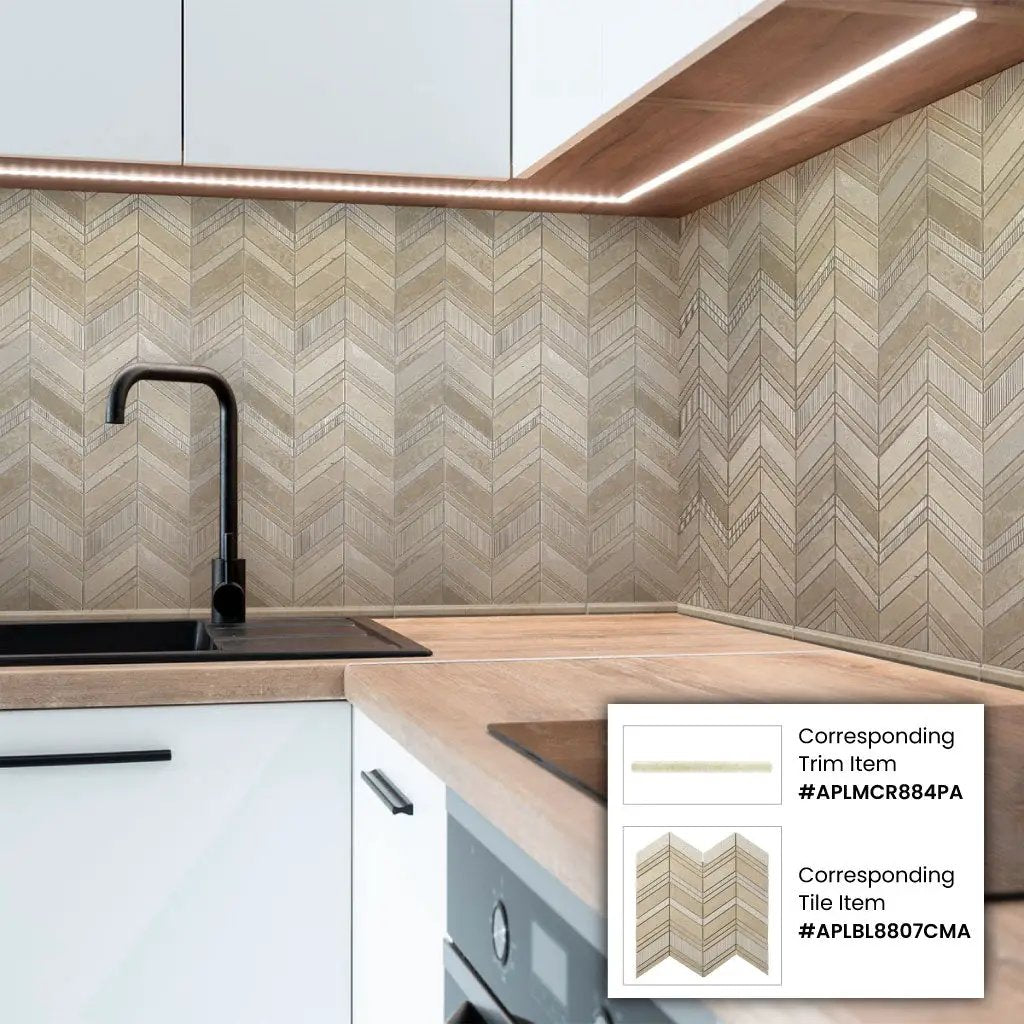 Beige 13x13 Polished Etched Herringbone Crema Marfil Marble Mosaic Tile (5 pack, 6.09 sq ft/case) by Apollo Tile