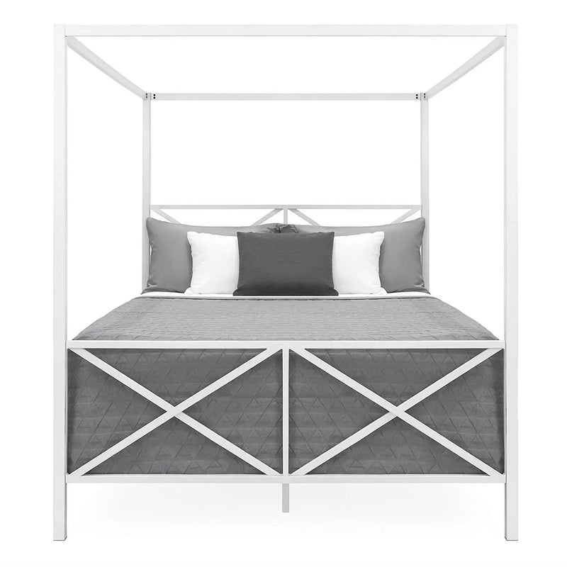 Queen size Modern Industrial Style White Metal Canopy Bed Frame by HomePacific