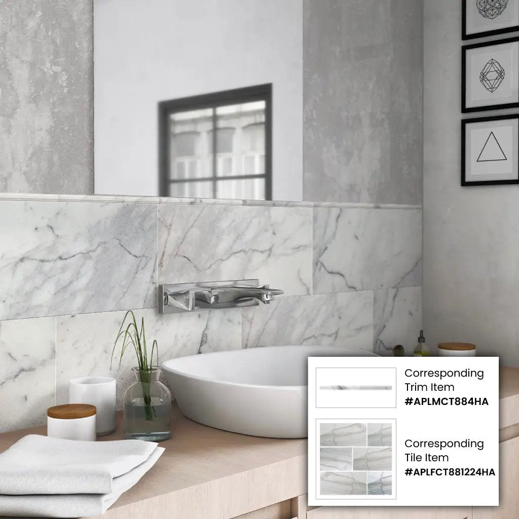 Snow White 0.8x12 Honed Calacatta Gold Pencil Marble Tile Trim (10 pack, 0.667 sq ft/case) by Apollo Tile