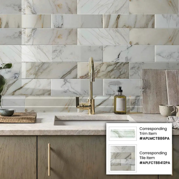 White 4x12 Polished Calacatta Gold Baseboard Marble Tile Trim (10 pack, 3.33 sq ft/case), photo 2 of 3