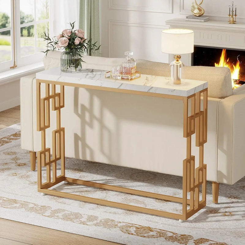 42-inch Modern Console Sofa Table with White Faux Marble Top and Gold Frame by HomePacific