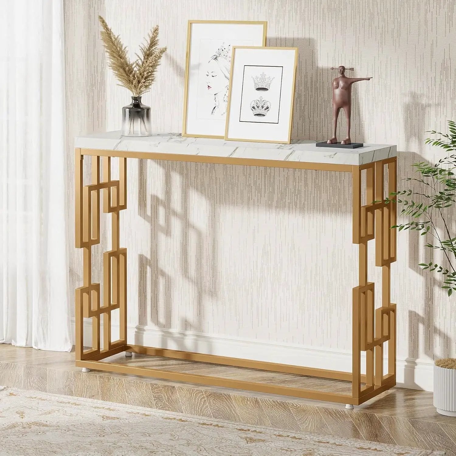 42-inch Modern Console Sofa Table with White Faux Marble Top and Gold Frame by HomePacific