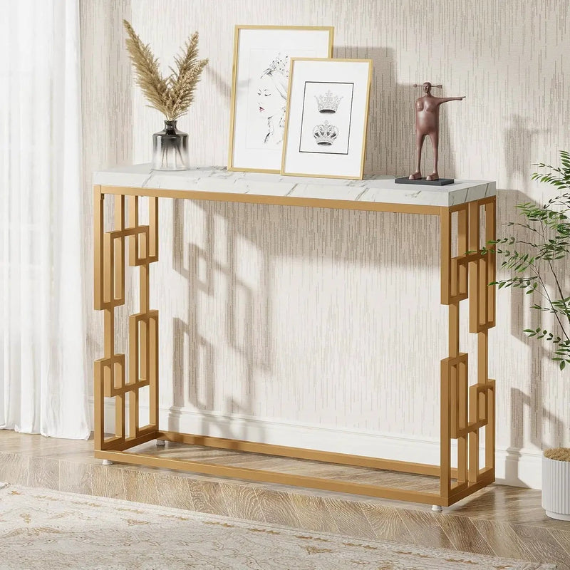 42-inch Modern Console Sofa Table with White Faux Marble Top and Gold Frame by HomePacific
