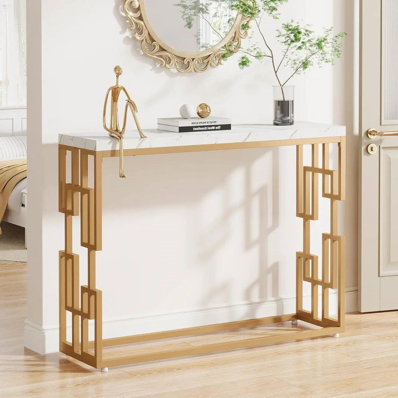42-inch Modern Console Sofa Table with White Faux Marble Top and Gold Frame by HomePacific