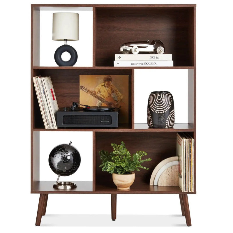 Mid Century Style Bookcase Storage Shelving Unit in Walnut Wood Finish by HomePacific