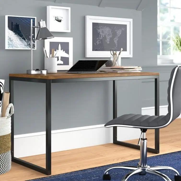 Modern Home Office Desk with Black Metal Frame and Brown Wood Top by HomePacific