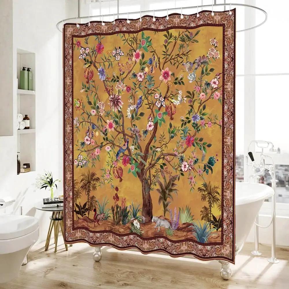 72-inch Brown Red Orange Green Floral Tree Birds Plants Flowers Shower Curtain by HomePacific