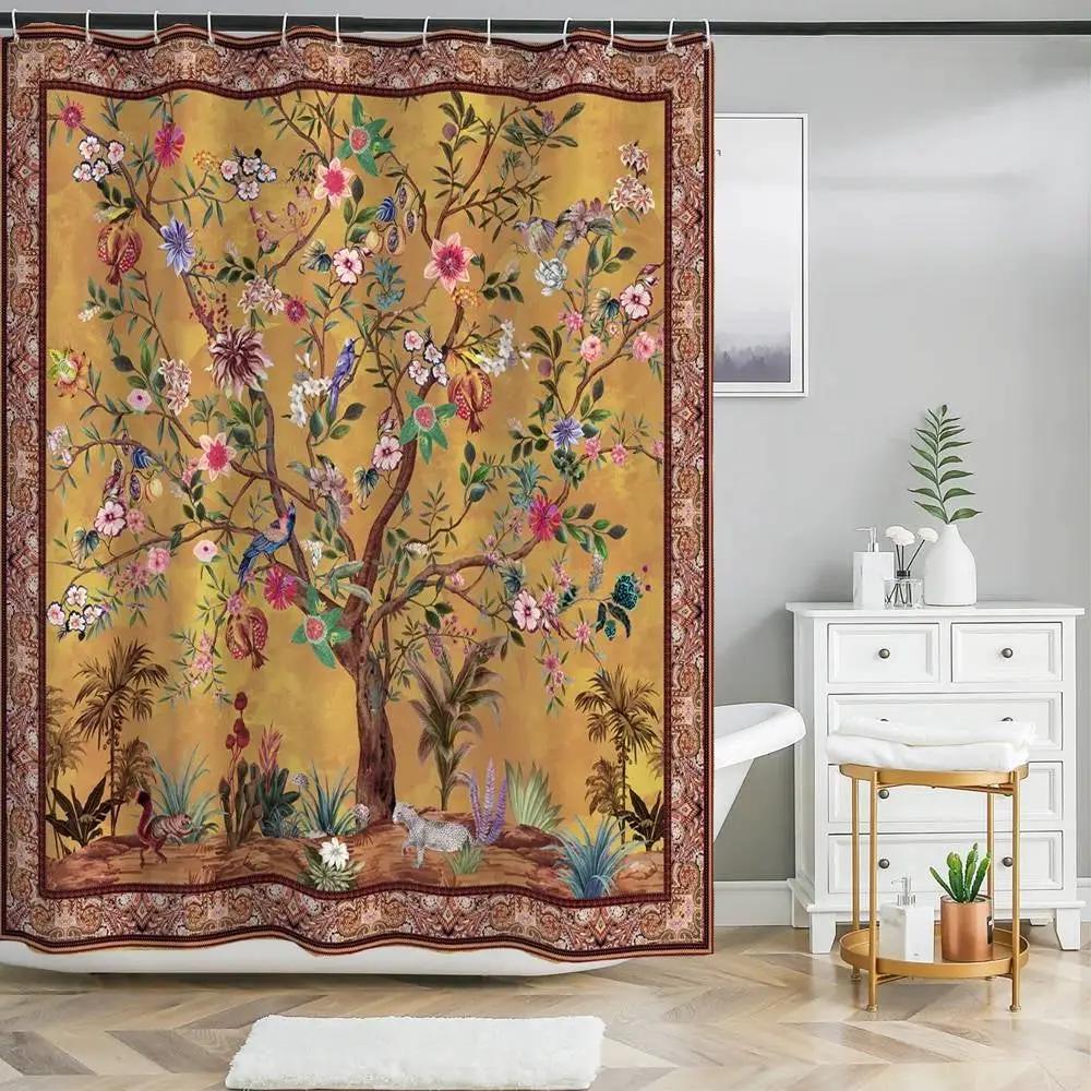 72-inch Brown Red Orange Green Floral Tree Birds Plants Flowers Shower Curtain by HomePacific