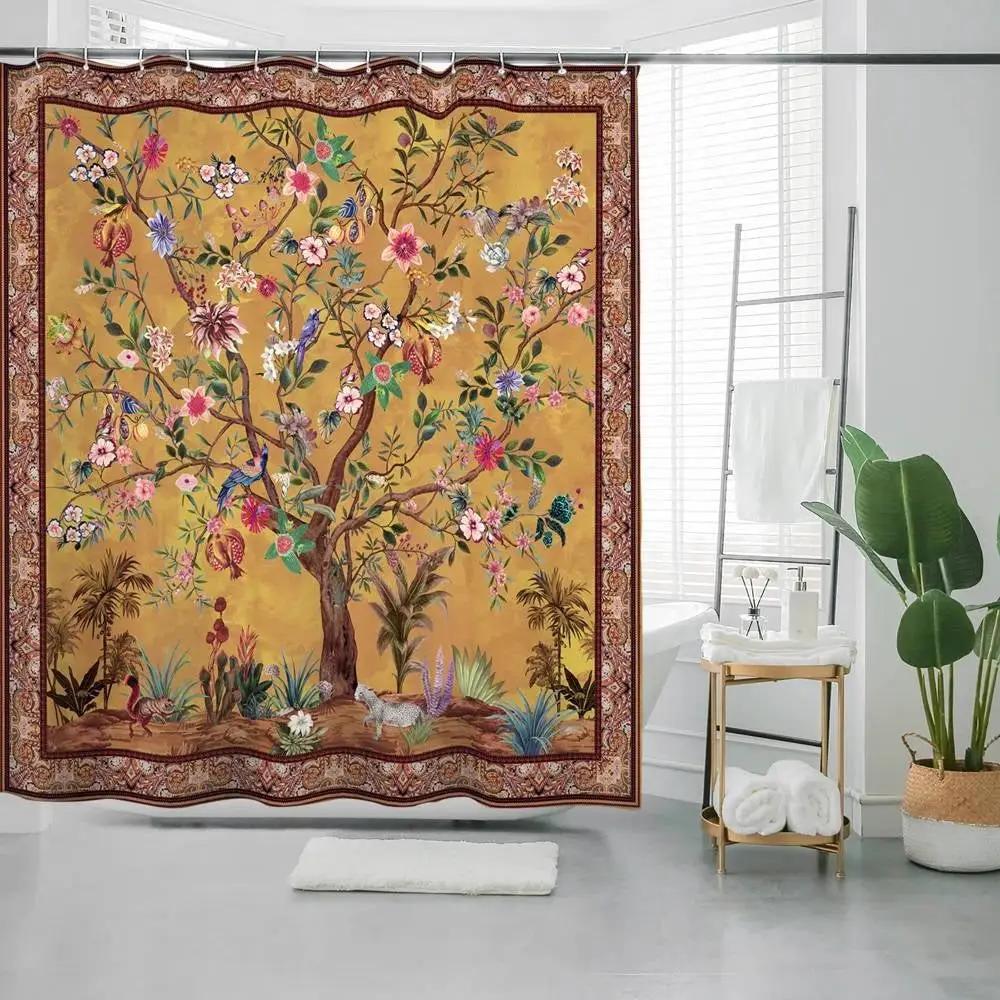 72-inch Brown Red Orange Green Floral Tree Birds Plants Flowers Shower Curtain by HomePacific