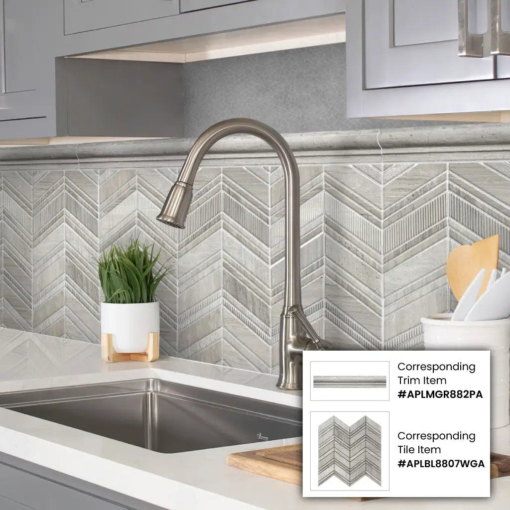 Wooden Grey 13x13 Polished Etched Herringbone Marble Mosaic Tile (5 pack, 6.09 sq ft/case) by Apollo Tile