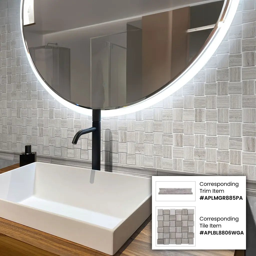 Wooden Grey 11x11 Polished Etched Brick Marble Mosaic Tile (5 pack, 4.13 sq ft/case) by Apollo Tile