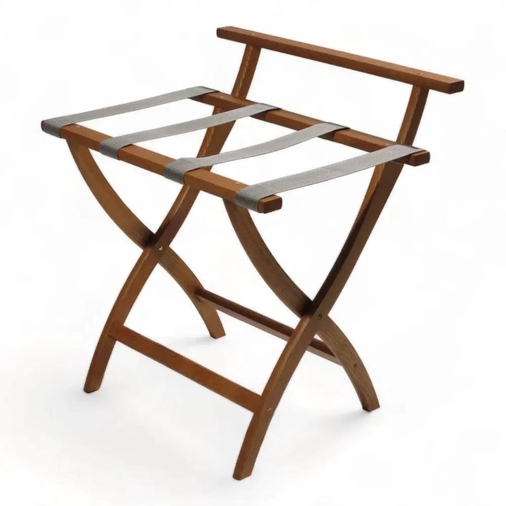 High Back Solid Wood Folding Luggage Rack with Grey Straps in Brown Finish by HomePacific