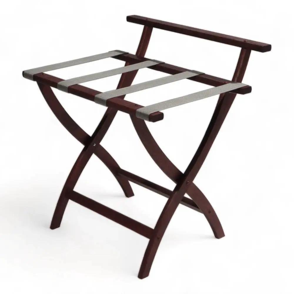 Solid Wood High Back Folding Luggage Rack with Grey Straps in Dark Brown Finish by HomePacific