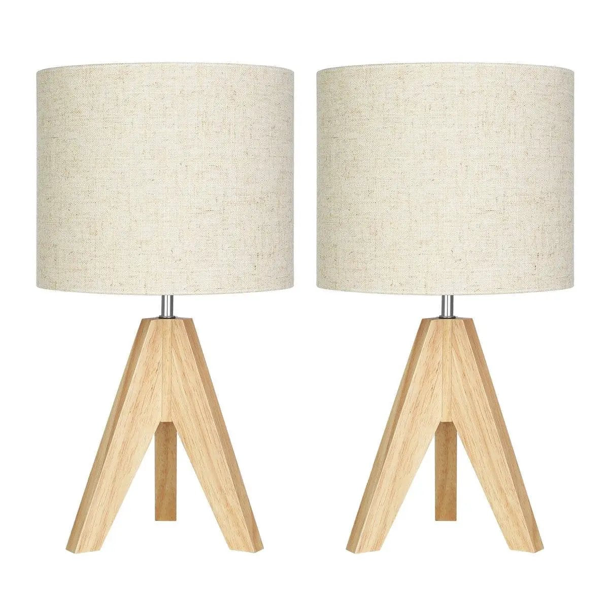 Set of 2 - Solid Wood Tripod Table Lamp with Beige Linen Drum Shade by HomePacific