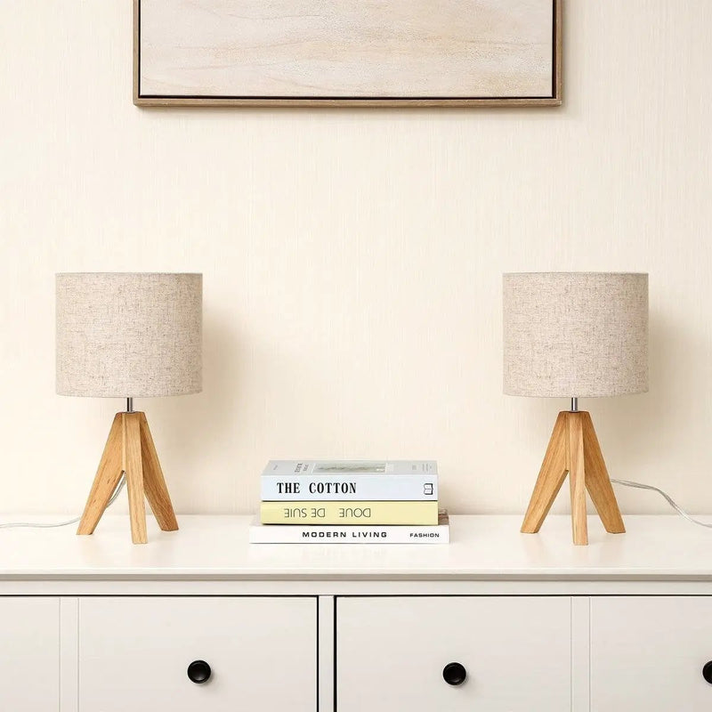 Set of 2 - Solid Wood Tripod Table Lamp with Beige Linen Drum Shade by HomePacific