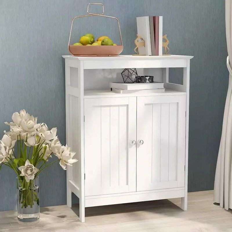 2-Door Bathroom Linen Cabinet with Storage Shelf in White Wood Finish by HomePacific