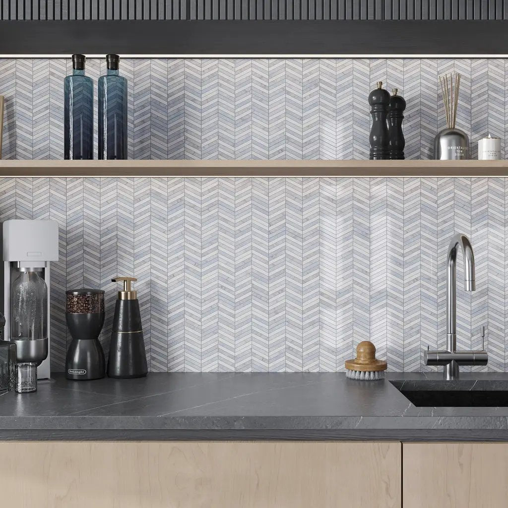 Thassos Bianco Carrara Blue Celeste 12x12 Polished Chevron Marble Mosaic Tile (5 pack, 5 sq ft/case) by Apollo Tile