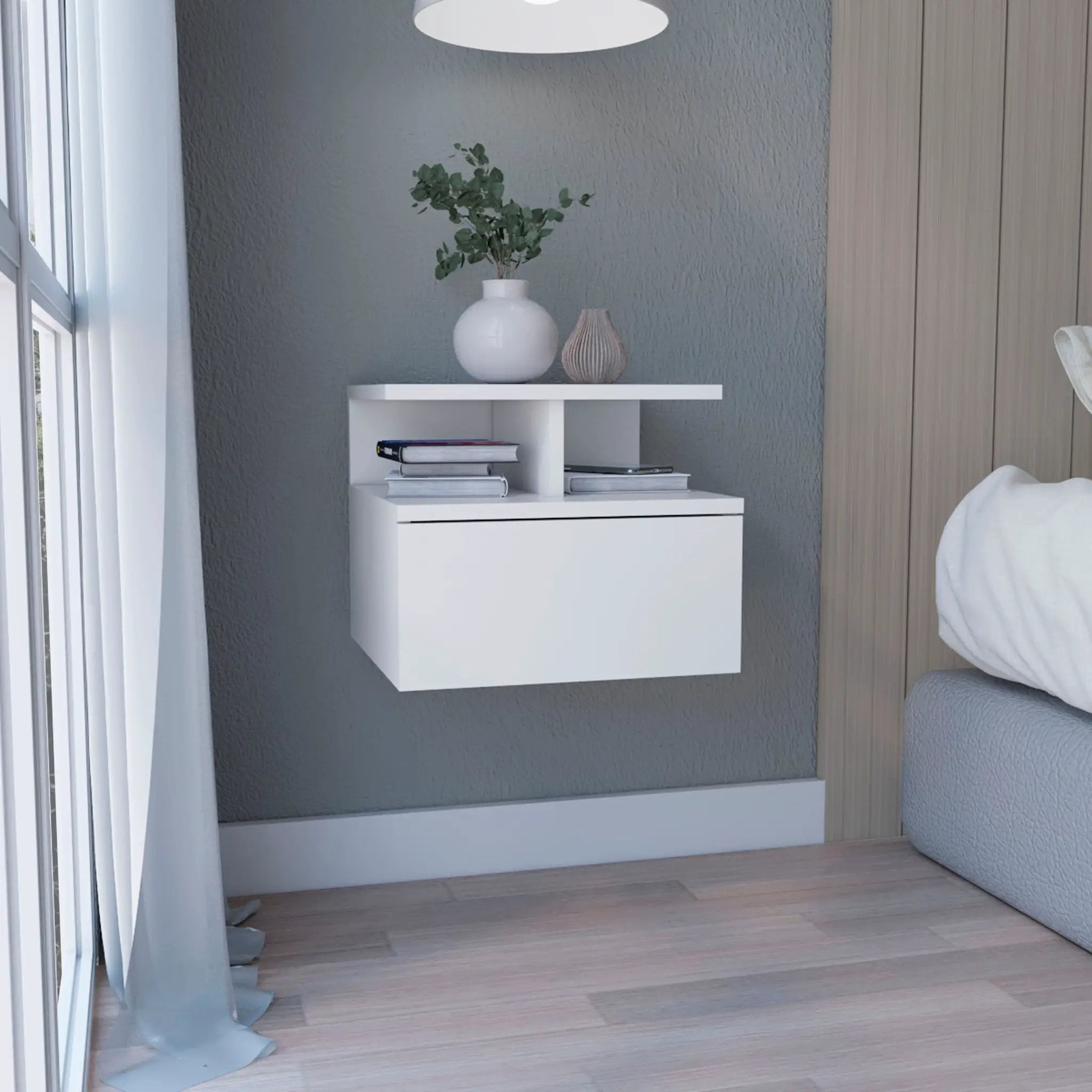 Floating Nightstand 12"H, Wall Mounted with Single Drawer and 2-Tier Shelf by HouseOfZazla