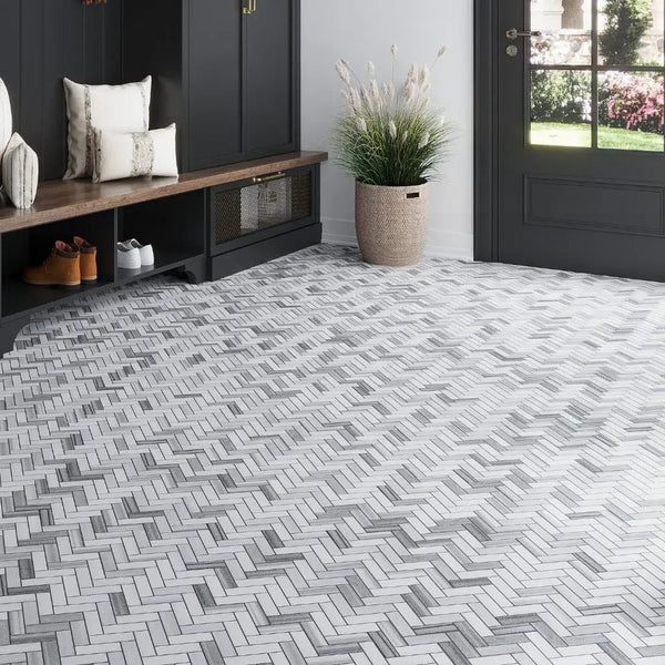 Gray 12x12 Polished Herringbone Equator Marble Mosaic Tile (5 pack, 5.29 sq ft/case)