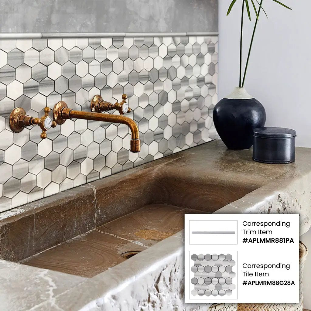 Gray 12x12 Polished Hexagon Equator Marble Mosaic Tile (5 pack, 4.83 sq ft/case) by Apollo Tile